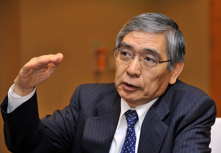 The Bank of Japan's new governor Haruhiko Kuroda (pictured in 2011) on Thursday pledged "all-out efforts" to rid Japan of growth-sapping deflation as gloomy new trade data underlined the scale of the task ahead