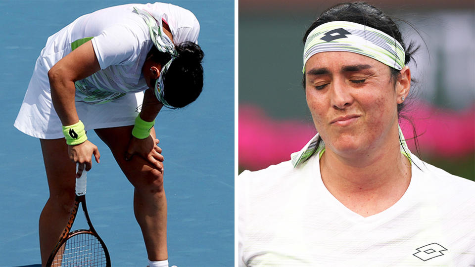 Ons Jabeur in pain at Miami Open and Jabeur looking frustrated.