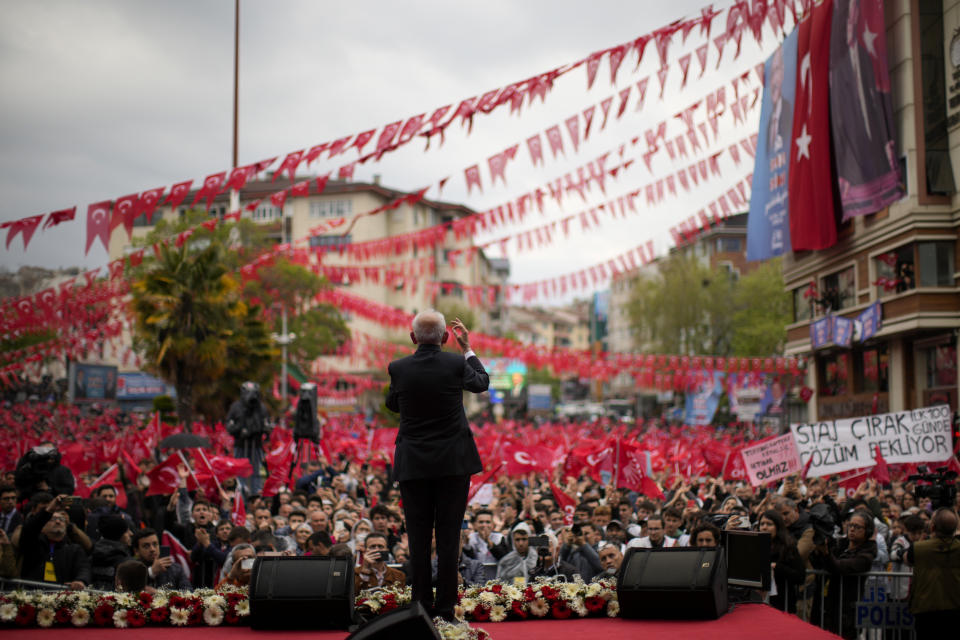 Kemal Kilicdaroglu, leader of Turkey's main opposition Republican People's Party, CHP, speaks at a campaign rally in Tekirdag, Turkey, on Thursday, April 27, 2023. Kilicdaroglu, the main challenger to President Recep Tayyip Erdogan in the May 14 election, cuts a starkly different figure than the incumbent who has led the country for two decades. As the polarizing Erdogan has grown increasingly authoritarian, Kilicdaroglu has a reputation as a bridge builder and vows to restore democracy. (AP Photo/Francisco Seco)