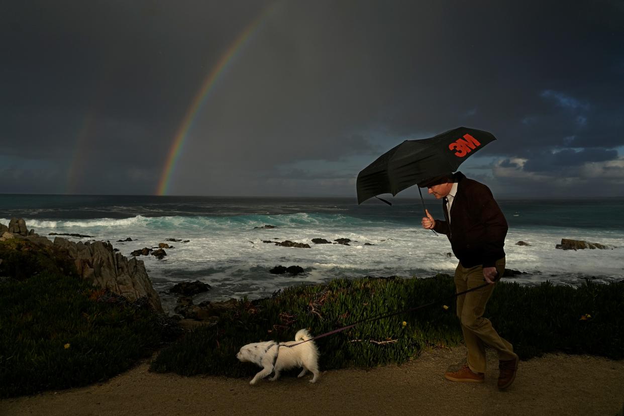 A man huddles under an umbrella as he walks a dog along the shoreline at Pacific Grove, Calif., on Feb. 2, 2024. California was bracing Feb. 4 for another brutal atmospheric river.