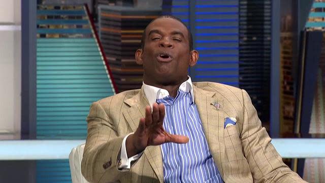 NFL Media’s Deion Sanders reacts to Tony Romo claiming he can’t tackle. (NFL Network screen shot)