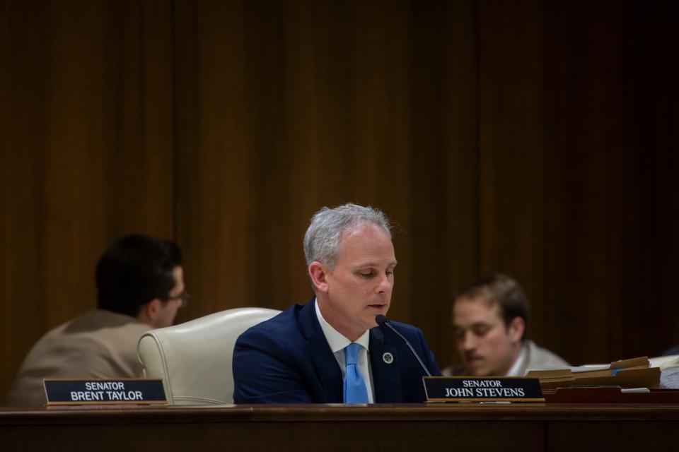 Sen. John Stevens asks a question concerning HB883 at Cordell Hull State Office Building during a Senate Judiciary hearing in Nashville , Tenn., Tuesday, March 21, 2023.