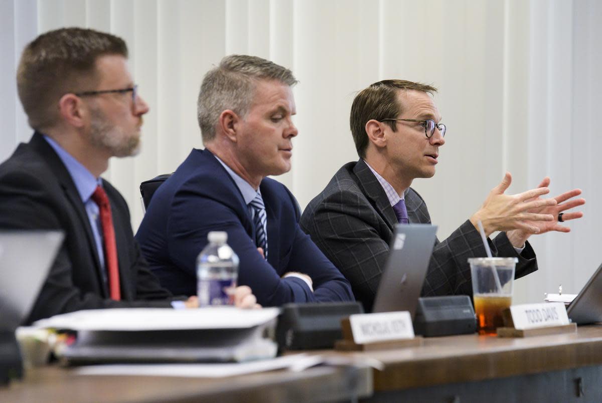 Commissioner of Education Mike Morath, far right, answers questions from State Board of Education members during a hearing Tuesday, Aug. 29, 2023 at the William B Travis Building in Austin.