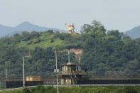 Military guard posts of North Korea, rear, and South Korea, bottom, are seen in Paju, near the border with North Korea, South Korea, Friday, Sept. 24, 2021. North Korean leader Kim Jong Un’s powerful sister, Kim Yo Jong, said Friday, North Korea is willing to resume talks with South Korea if it doesn’t provoke the North with hostile policies and double standards.(AP Photo/Ahn Young-joon)