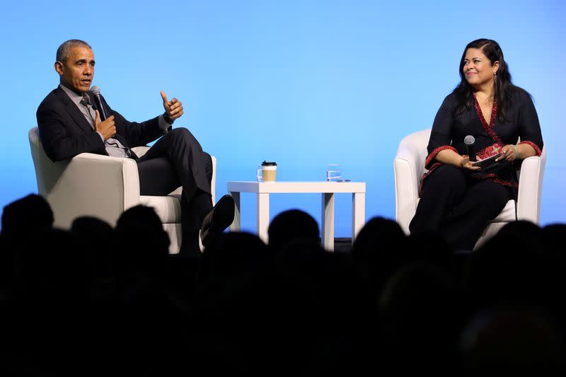 Former U.S. President Obama and his half-sister Maya Soetoro-ng speak during an Obama Foundation event in Kuala Lumpur