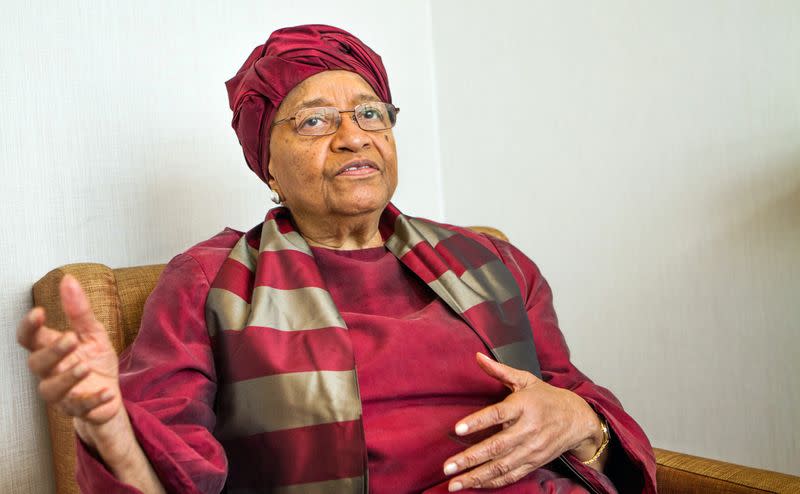 Former Liberian President Ellen Johnson Sirleaf speaks during a Reuters interview in Kigali