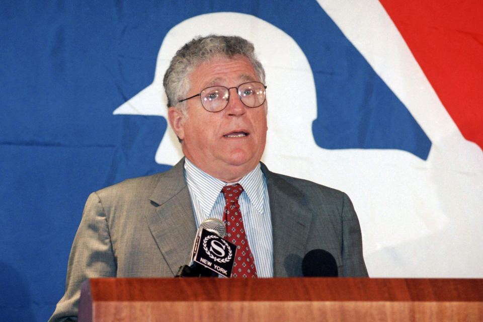 FILE - Major League Baseball management negotiator Richard Ravitch talks to reporters during a news conference in New York on June 14, 1994. Ravitch, a former lieutenant governor and longtime civic leader known for his role in steering New York City through the fiscal crisis of the 1970s and stabilizing its mass transit system in the 1980s, died Sunday, June 25, 2023, at a Manhattan hospital his wife, Kathleen Doyle confirme. He was 89. (AP Photo/Ed Bailey, File)