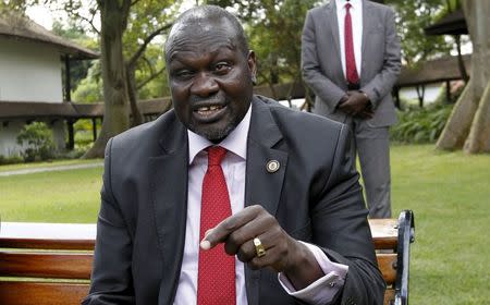 South Sudan's rebel leader Riek Machar speaks during an interview with Reuters in Kenya's capital Nairobi July 8, 2015. REUTERS/Thomas Mukoya