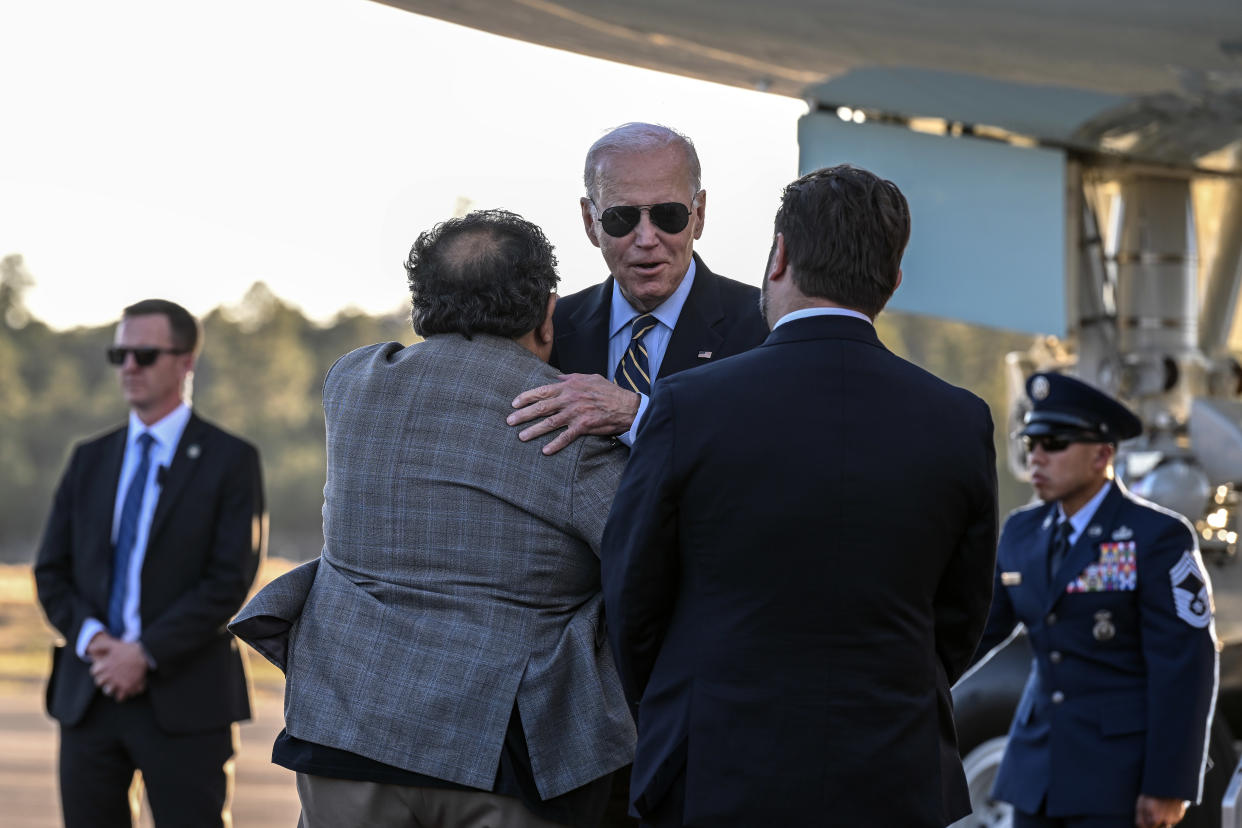 President Joe Biden trails in polling in Arizona. Rep. Ruben Gallego (D-ARiz.), right, is leading in a Senate race there. (Kenny Holston/The New York Times)