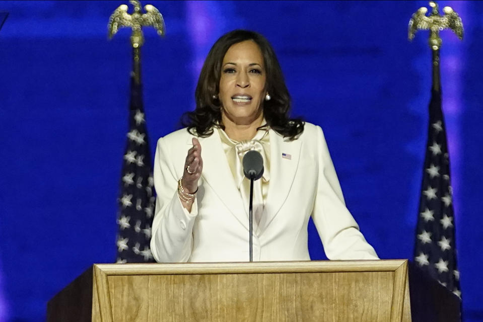 Vice President-elect Kamala Harris speaks, Saturday, Nov. 7, 2020, in Wilmington, Del. (AP Photo/Andrew Harnik, Pool)