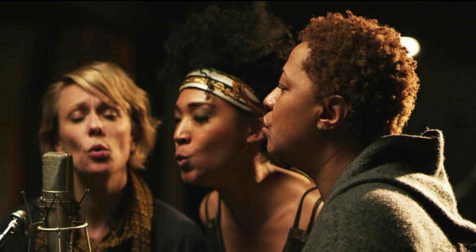 This undated publicity photo released by Radius-TWC shows, from left, Jo Lawry, Judith Hill and Lisa Fischer in a scene from the film, "Twenty Feet From Stardom." (AP Photo/Radius-TWC, Graham Willoughby)