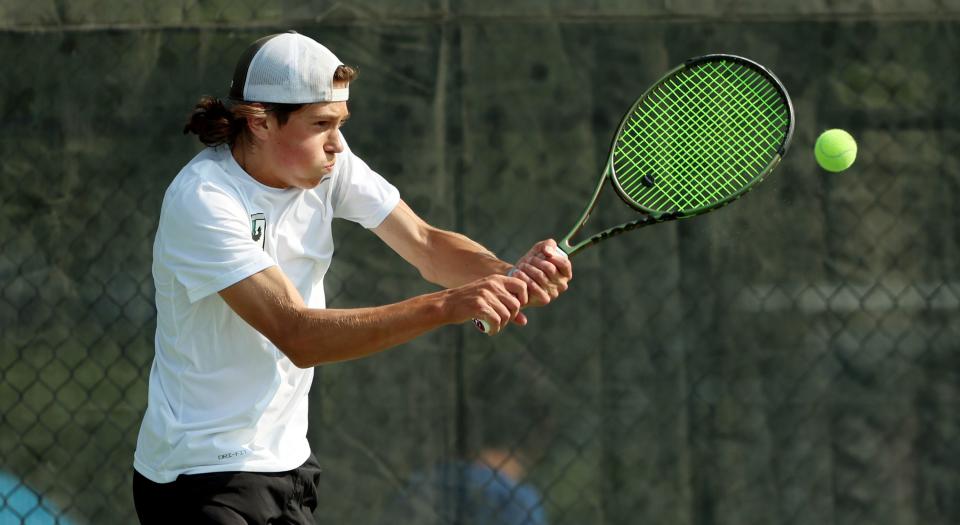 Farmington’s Charles Frey returns a ball as he and American Fork’s Caden Hasler play in the high school 6A boys state tennis championships at Liberty Park Tennis in Salt Lake City on Saturday, May 20, 2023. | Scott G Winterton, Deseret News