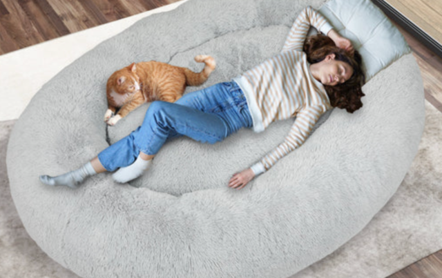 A woman lying with her cat on a giant pet bed