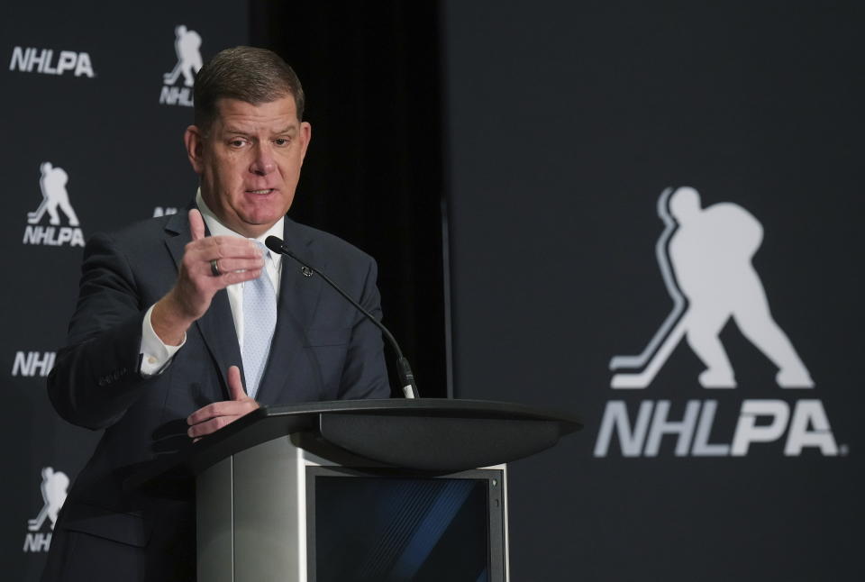 Former U.S. Secretary of Labor Martin Walsh, the new head of the NHL Players' Association, speaks at a hockey press conference in Toronto, Thursday, March 30, 2023. (Nathan Denette/The Canadian Press via AP)