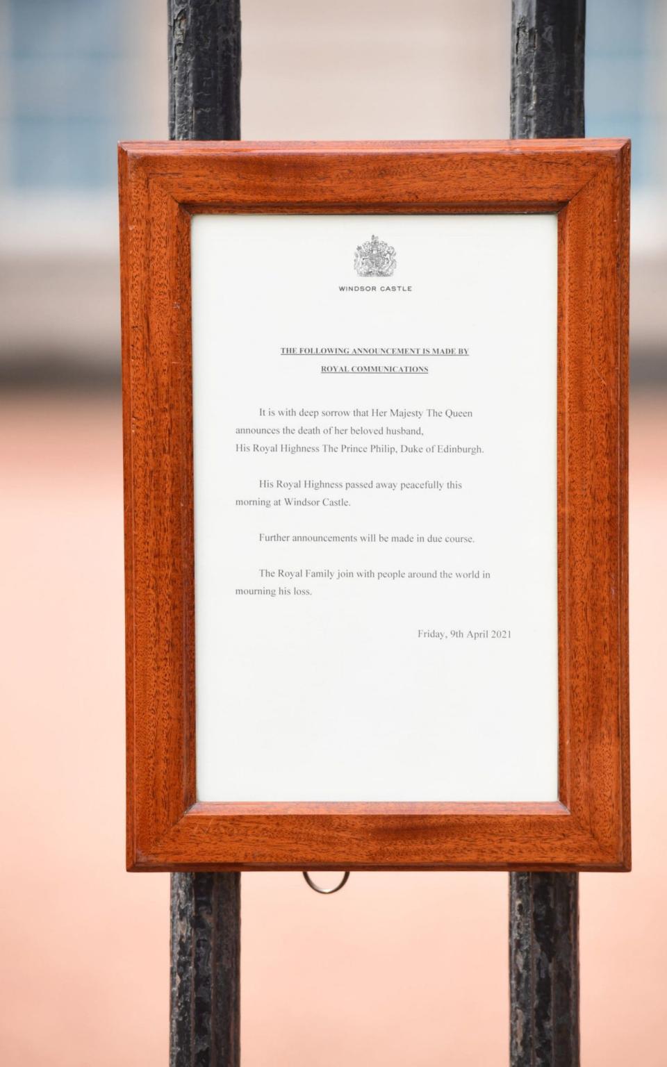 The announcement of the death of the Duke of Edinburgh, who has died at the age of 99, hangs on the gates of Buckingham Palace, London. Picture date: Friday April 9, 2021. PA Photo. Prince Philip, 99, was the longest-serving consort in British history.  - Ian West/ PA 