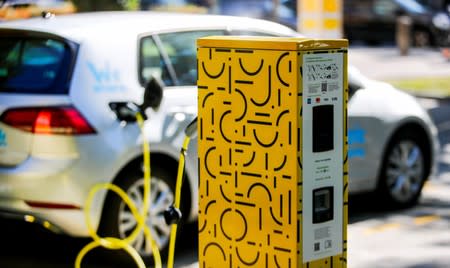 A shared electro car gets charged at a Jelbi-Station in Berlin