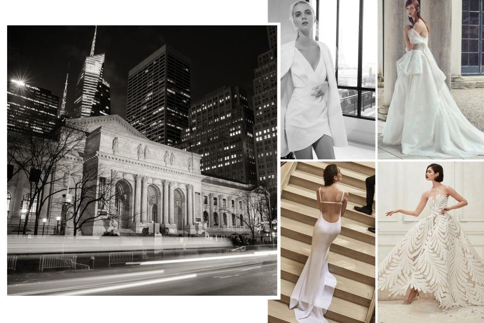 <p>Amongst the city lights and soaring buildings of your city setting, pick formal looks that complement the architecture you first fell in love with. </p><p>Opt for a full ball gown with unique design flares, a chic sheath, a slip dress with constructed cutouts, or make it a mini that feels ideal for city hall, or an It-girl ceremony.</p><p><em>From left: New York Public Library photographed by Christian Oth; Elie Saab Bridal Fall 2019; Monique Lhuillier Bridal Fall 2019; Oscar de la Renta Bridal Fall 2019; Carolina Herrera Bridal Spring 2019.</em></p>