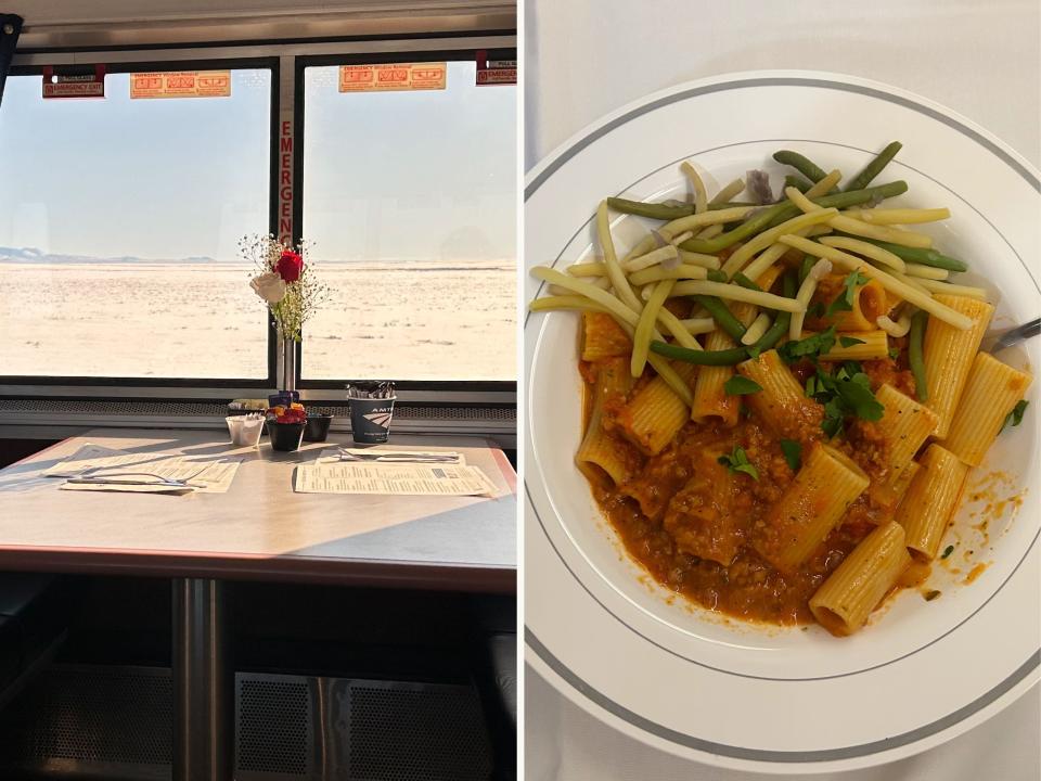 A side-by-side photo shows a table in the dining room of an Amtrak train, and a plate of vegan bolognese pasta.