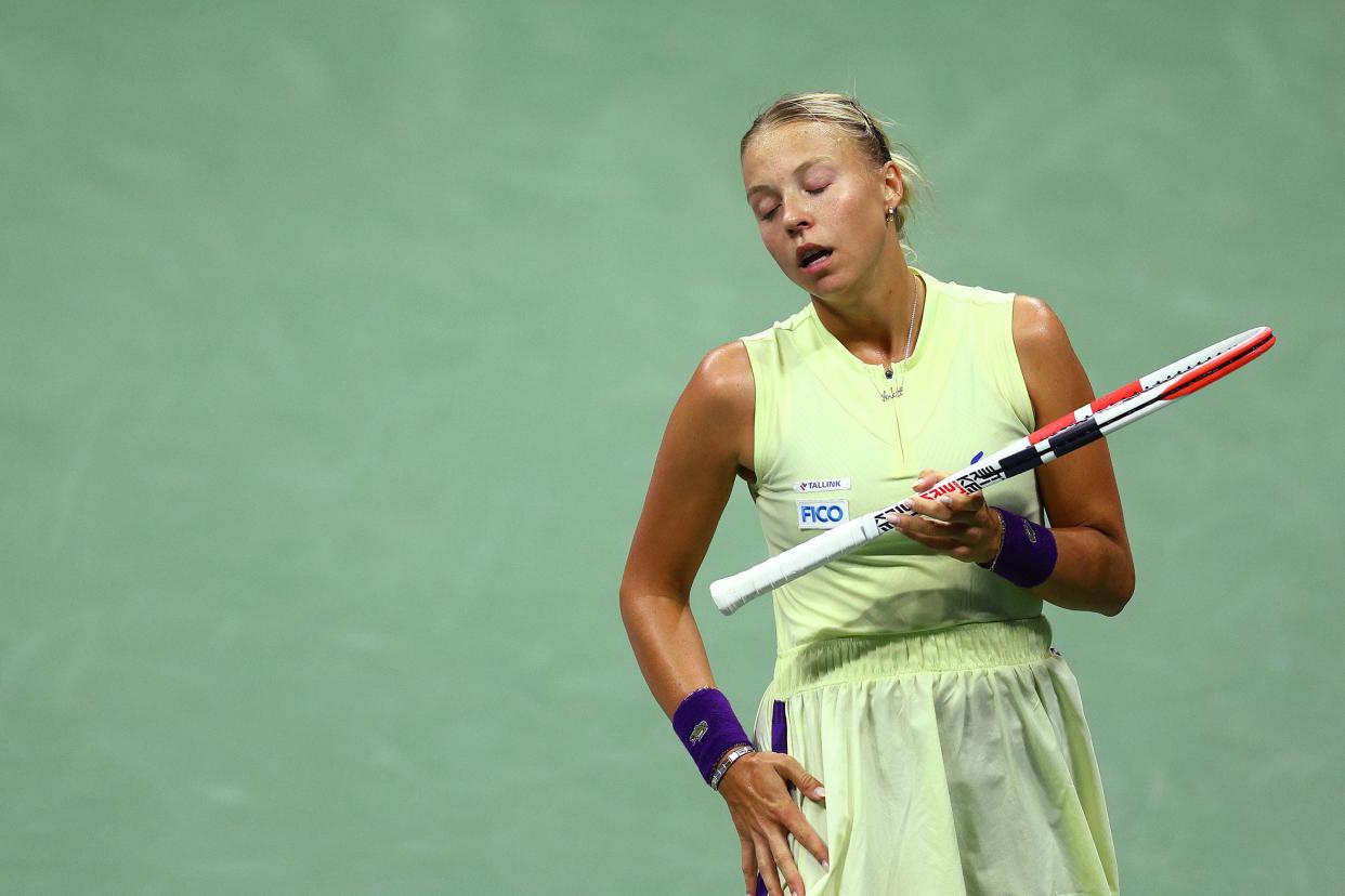 Anett Kontaveit of Estonia reacts to a lost point against Serena Williams of the United States in their Women's Singles Second Round match on Day Three of the 2022 U.S. Open at USTA Billie Jean King National Tennis Center on Aug. 31, 2022, in Flushing, Queens.