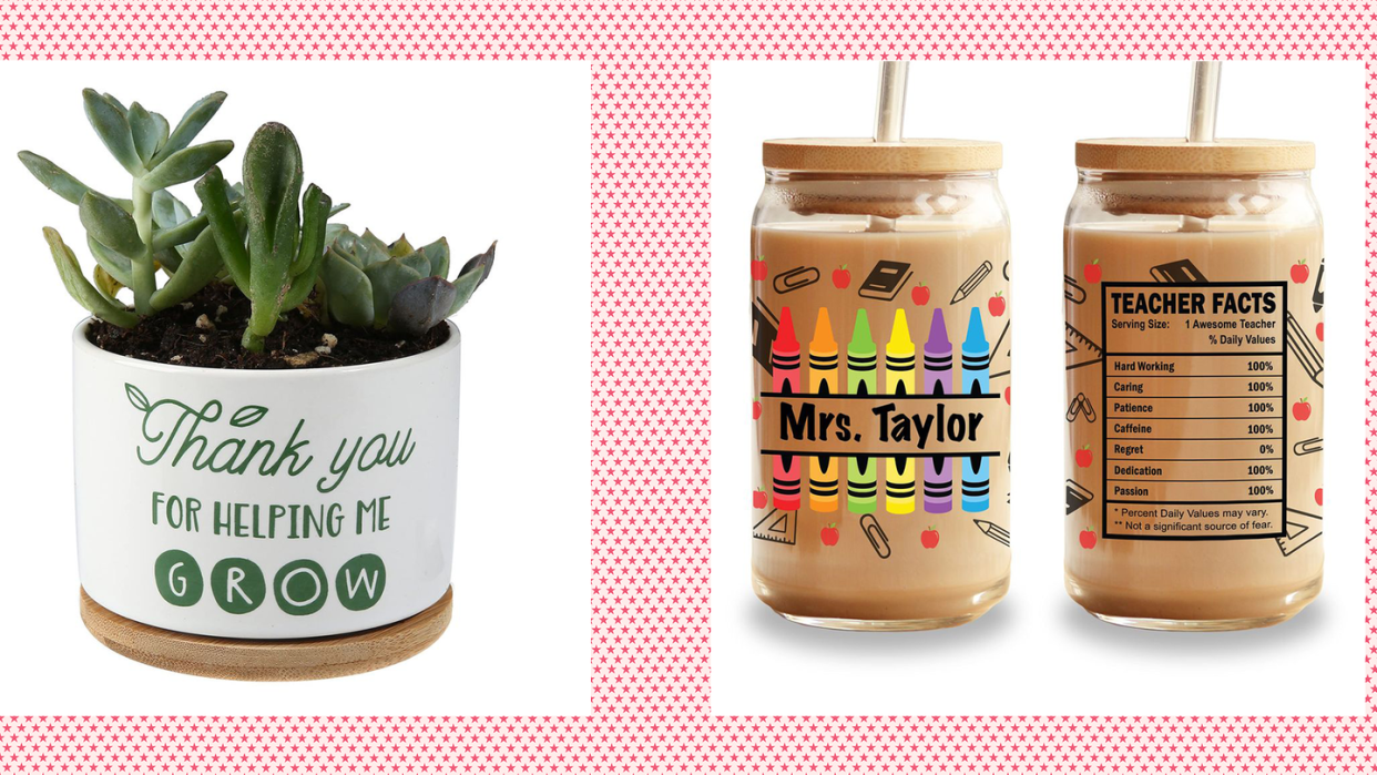 best teacher appreciation gifts of 2024, thoughtful succulent plant and personalized teacher tumblers