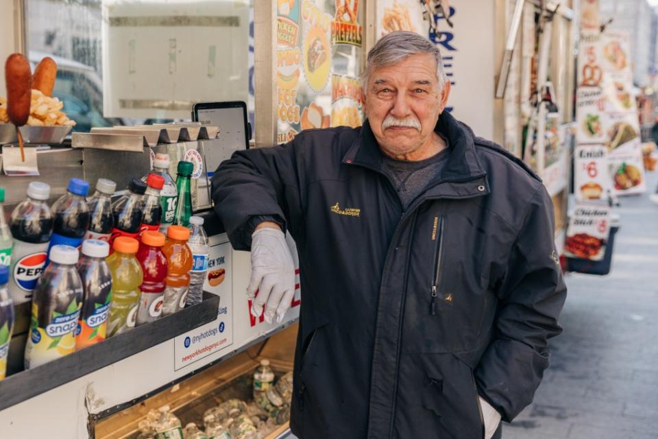 New York City “Hog Dog King” Dan Rossi, 73, claims a city inspector scratched the permit decal off his cart so the Health Department could close him down. Jeenah Moon for NY Post