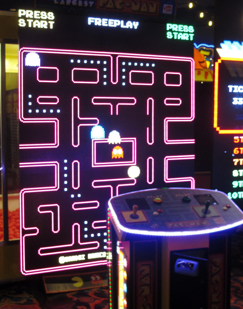 A giant Pac-Man video game sits inside the soon-to-open Lucky Snake arcade, Wednesday, April 21, 2021, at the former Showboat casino in Atlantic City, N.J. Philadelphia developer Bart Blatstein is spending nearly $130 million on attractions at the former Atlantic City casino including an indoor water park; a retractible domed concert hall, a beer garden and a Boardwalk sun deck to increase family entertainment options in Atlantic City. (AP Photo/Wayne Parry)