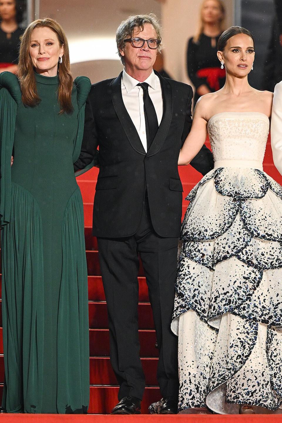 Julianne Moore, Director Todd Haynes, Natalie Portman attend the "May December" red carpet during the 76th annual Cannes film festival at Palais des Festivals on May 20, 2023 in Cannes, France.