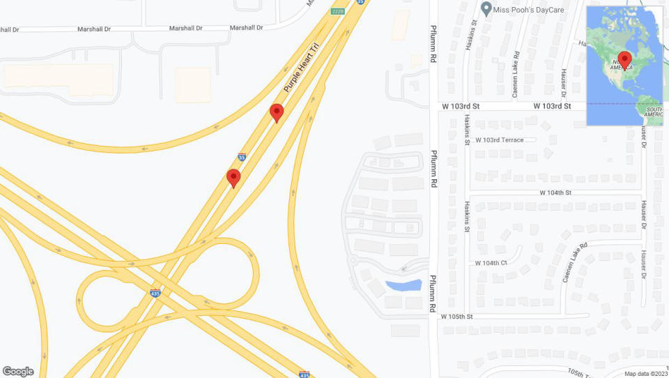 A detailed map that shows the affected road due to 'Broken down vehicle on eastbound I-35 in Lenexa' on September 18th at 6:20 p.m.