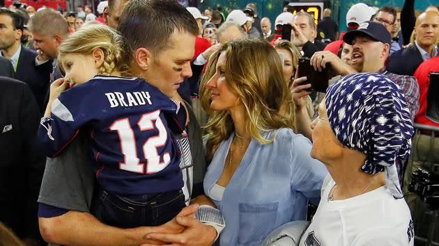 Tom Brady celebrates with wife Gisele Bundchen, daughter and mother Galynn Brady. Pic: Getty