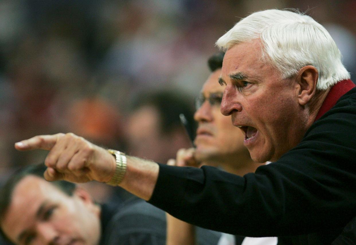 Head coach Bob Knight of the Texas Tech Red Raiders yells from the bench against the Colorado Buffaloes during the first round of the Phillips Big 12 Men's Basketball Championship on March 8, 2007 at the Ford Center in Oklahoma City, Oklahoma.