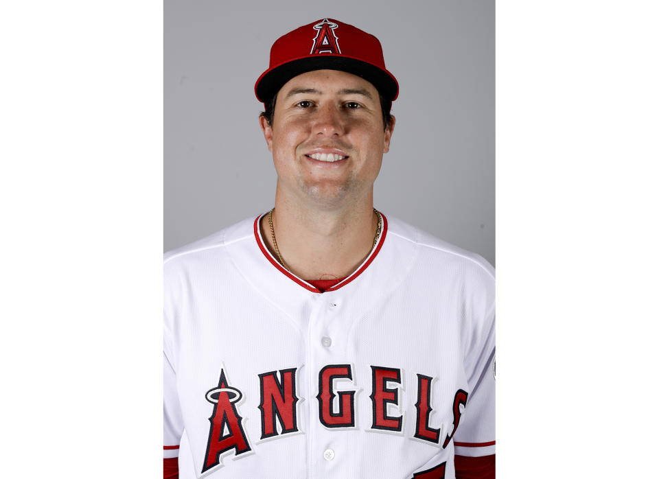 This is a 2019 photo of Tyler Skaggs of the Los Angeles Angels. This image reflects the 2019 active roster as of Tuesday, Feb. 19, 2019, when this image was taken. Tyler Skaggs has died at age 27, Monday, July 1, 2019. Skaggs started the Angels' game Saturday night against the Athletics. Their game against the Texas Rangers on Monday night has been postponed. (AP Photo/Chris Carlson)