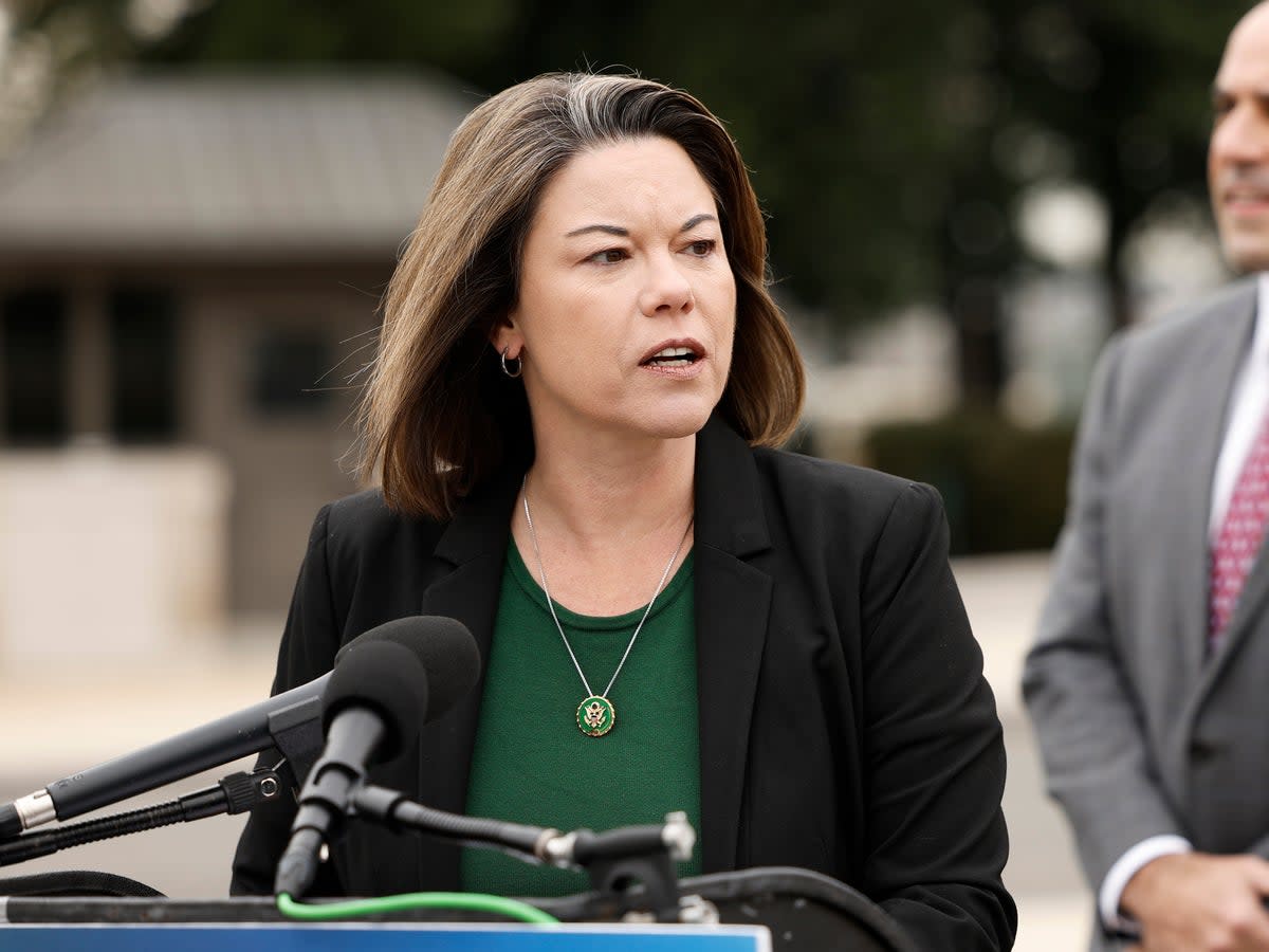 Rep Angie Craig (D-MN) speaks at a press conference outside the US Capitol Building on 2 February 2023 in Washington, DC (Getty Images)