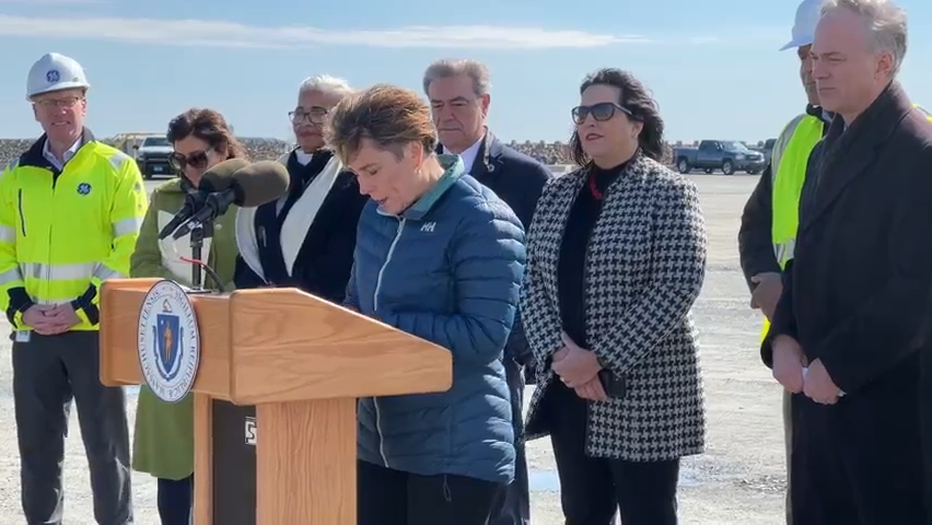 Gov. Maura Healey celebrated New Bedford's role in offshore wind during a press conference at the New Bedford Marine Commerce Terminal in March.