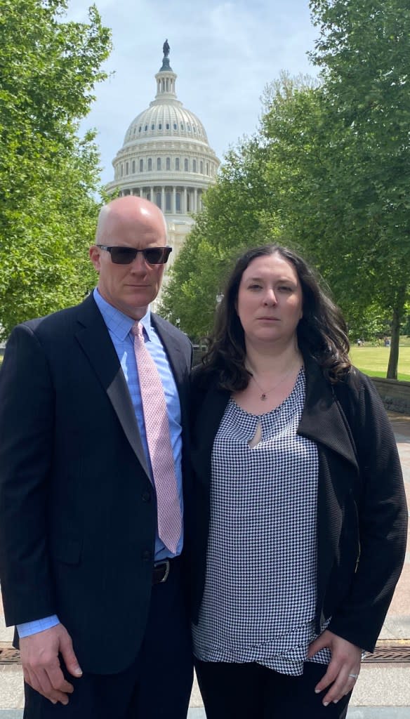 Teacher Danielle Kaminsky and campus administrator Michael Beaudry went to speak at a congressional briefing Friday as their suit was filed in a Brooklyn court. Marc Armas