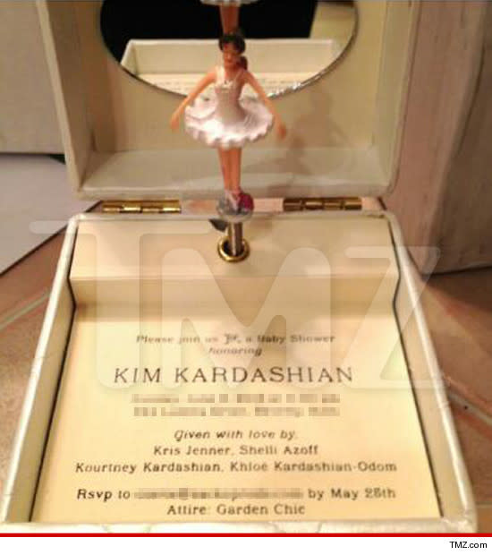 <div class="caption-credit"> Photo by: TMZ</div>Kim Kardashian's baby shower invite consisted of a music box with a spinning, Kim-like ballerina--dancing to a lullaby version of Kanye's "Hey Mama," of course. Attire, it noted, is "garden chic." <br>