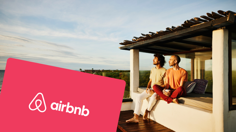 A composite image of two people enjoying the view at a luxury resort and a digital representation of an Airbnb gift card.