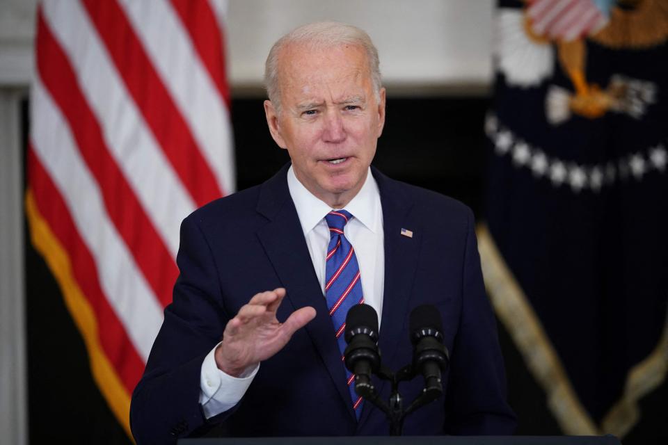 US President Joe Biden speaks about the March jobs report in the State Dining Room of the White House in Washington, DC, on April 2, 2021.