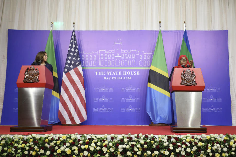 FILE - Vice President Kamala Harris, left, and Tanzanian President Samia Suluhu Hassan speak during a news conference following their meeting in Dar es Salaam, Tanzania, Thursday, March 30, 2023. (Ericky Boniphace/Pool Photo via AP, File)