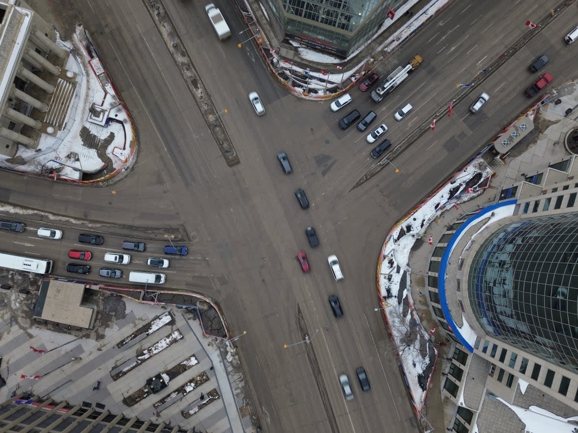 An overhead view of the intersection of Portage Avenue and Main Street in Winnipeg on Friday, March 1, 2024. (Jaison Empson/CBC - image credit)