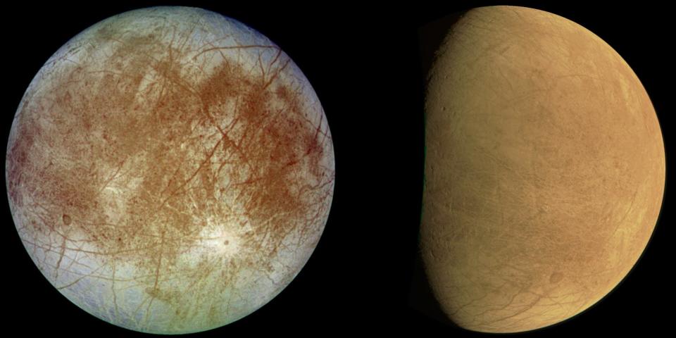 On the left, an approximate natural color image of Europa taken by the Galileo spacecraft. On the right, raw images of Europa taken by Juno.