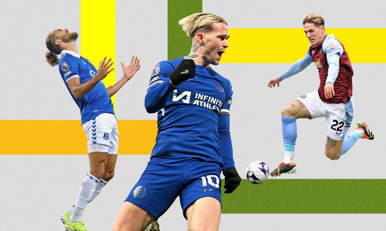 <span>From left: Everton's Dominic Calvert-Lewin, Chelsea's Mykhailo Mudryk and Nicolò Zaniolo of Aston Villa.</span><span>Composite: Guardian design</span>