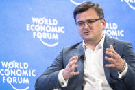 Dmytro Kuleba, Minister of Foreign Affairs of Ukraine gestures as he attends a seesion at the 51st annual meeting of the World Economic Forum, WEF, in Davos, Switzerland, on Wednesday, May 25, 2022. The forum has been postponed due to the Covid-19 outbreak and was rescheduled to early summer. The meeting brings together entrepreneurs, scientists, corporate and political leaders in Davos under the topic "History at a Turning Point: Government Policies and Business Strategies" from 22 - 26 May 2022. (Laurent Gillieron/Keystone via AP)