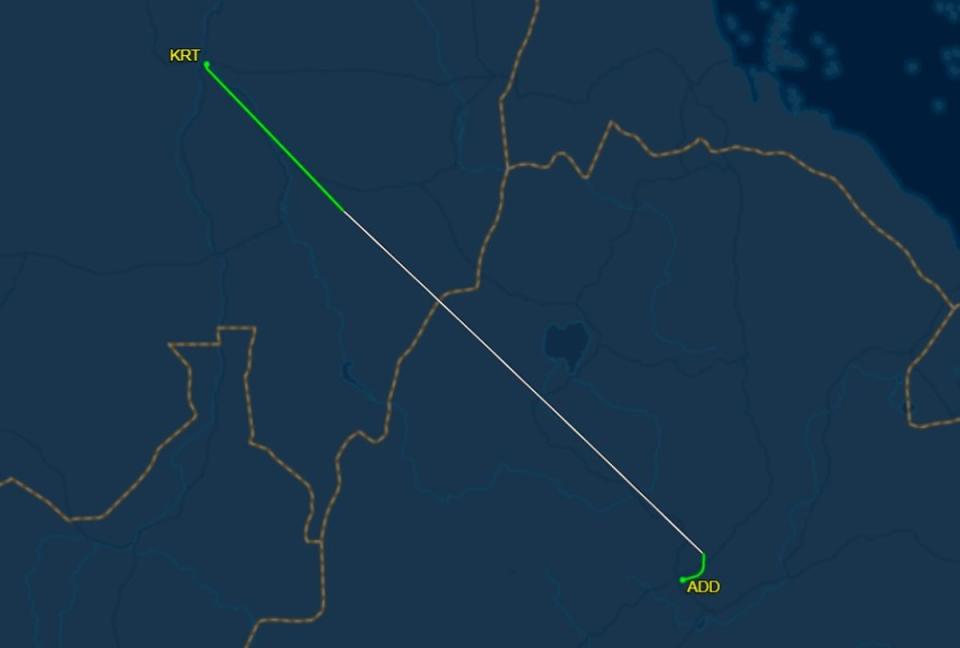 Ordinary flight path of the route from Khartoum to Addis Ababa as seen on 14 August. FlightAware showed flights from other days, except 15 August, had similar routes (Screengrab/FlightAware)