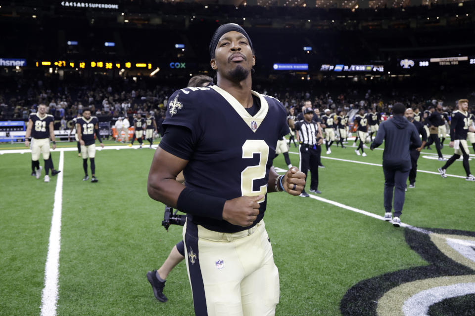 New Orleans Saints quarterback Jameis Winston (2) runs off the field after a preseason NFL football game against the Los Angeles Chargers in New Orleans, Friday, Aug. 26, 2022. The Saints won 27-10. (AP Photo/Derick Hingle)