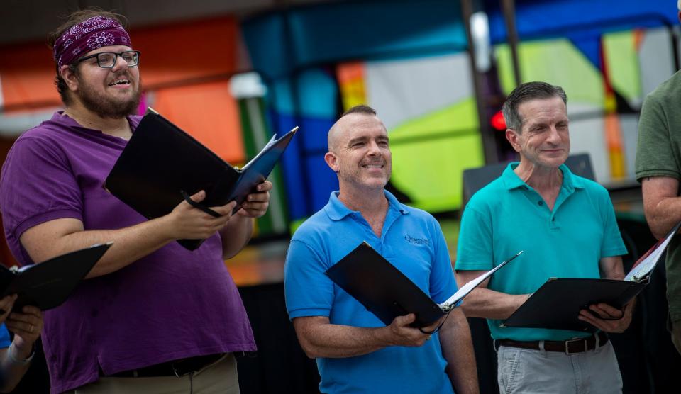 The Quarryland Men's Chorus sings during Pridefest along Kirkwood Avenue on Saturday, Aug. 26, 2023.