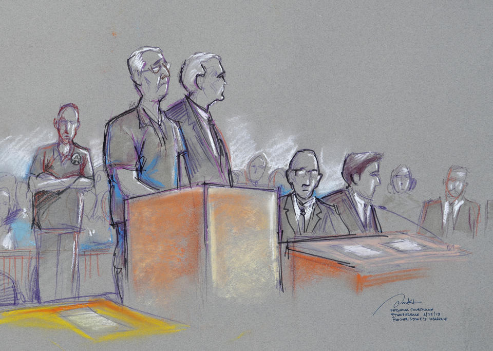 In this courtroom sketch Roger Stone, left, a confidant of President Donald Trump, attends a federal court hearing, Friday, Jan. 25, 2019, in Fort Lauderdale, Fla. Stone was arrested Friday in the special counsel's Russia investigation and was charged with lying to Congress and obstructing the probe. (Daniel Pontet via AP)