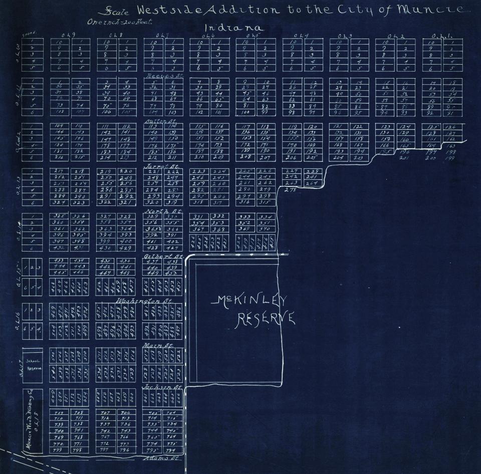 Plat map of Westside, circa 1890. McKinley Reserve is St. Mary Church today.