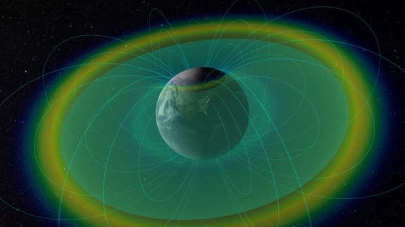 This image shows how particles move through Earth’s radiation belts. A cloud of colder material known as the plasmasphere sits in the middle of the donut-shaped belts and acts as a barrier to keep fast-moving electrons away from Earth.