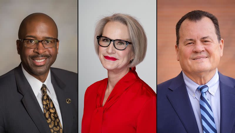 In this composite photo, from left, Rodney D. Bennett, Betsy R. Cantwell and Kenneth L. White are the three finalists for the Utah State University president’s job.