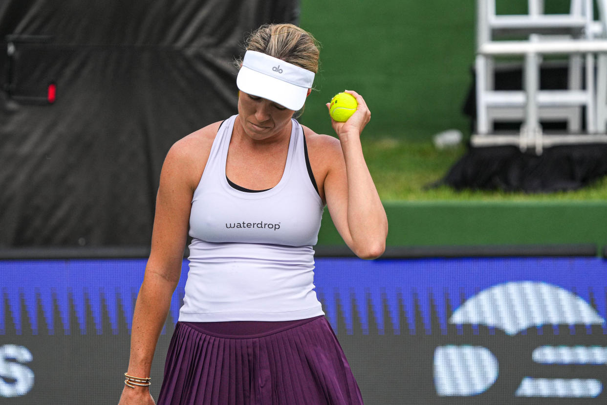 Danielle Collins holds up a ball after scoring a point during her 6-1, 6-1 win over Caty McNally at the ATX Open on Thursday night at the Westwood Country Club. The former NCAA singles champion from Virginia is in Friday's quarterfinals and is the tournament's highest remaining seed.